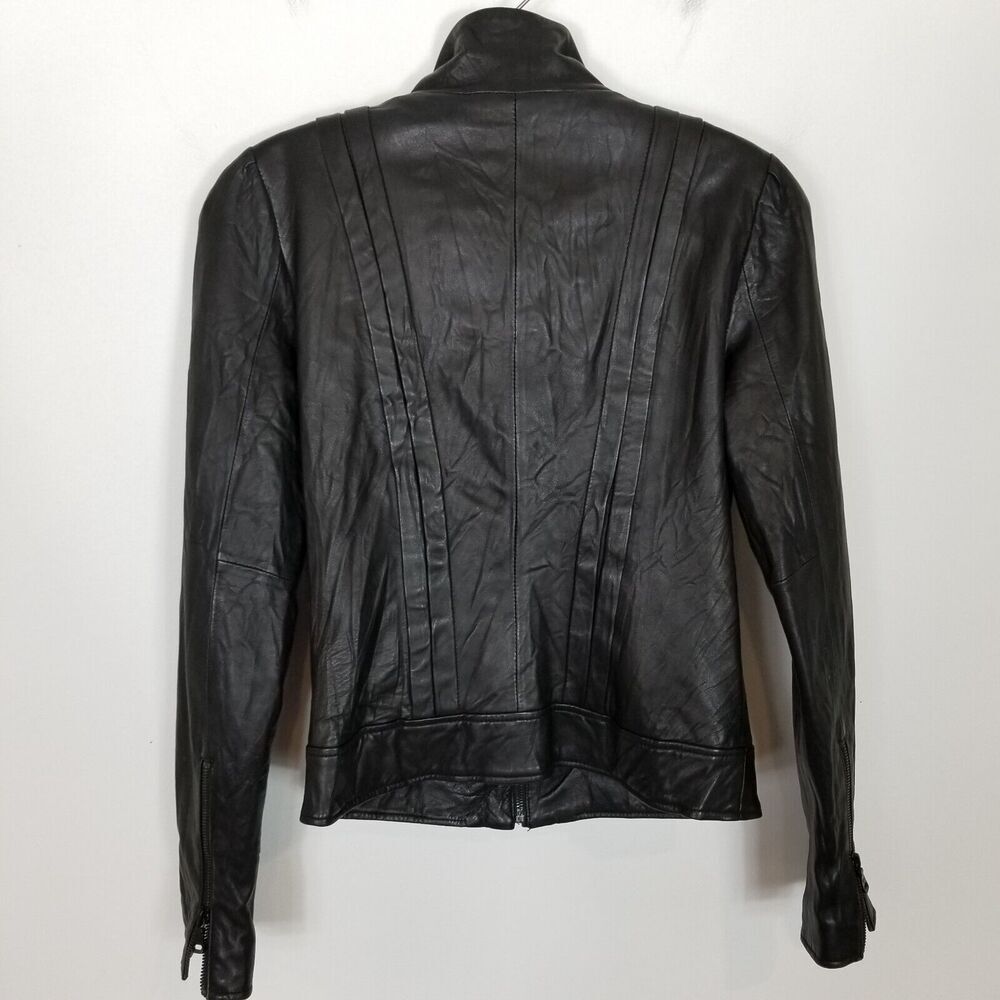 Guess Women 100% Leather Ruffle Front Jacket Sz XS Black Zip Up Short Y2K - Picture 4 of 10